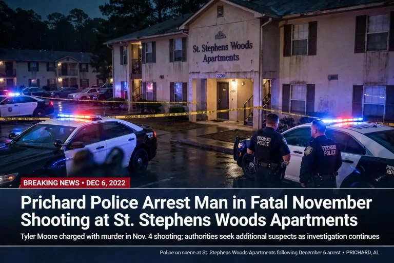 Illustration for the news story: Prichard Police Arrest Man in Fatal November Shooting at St. Stephens Woods Apartments