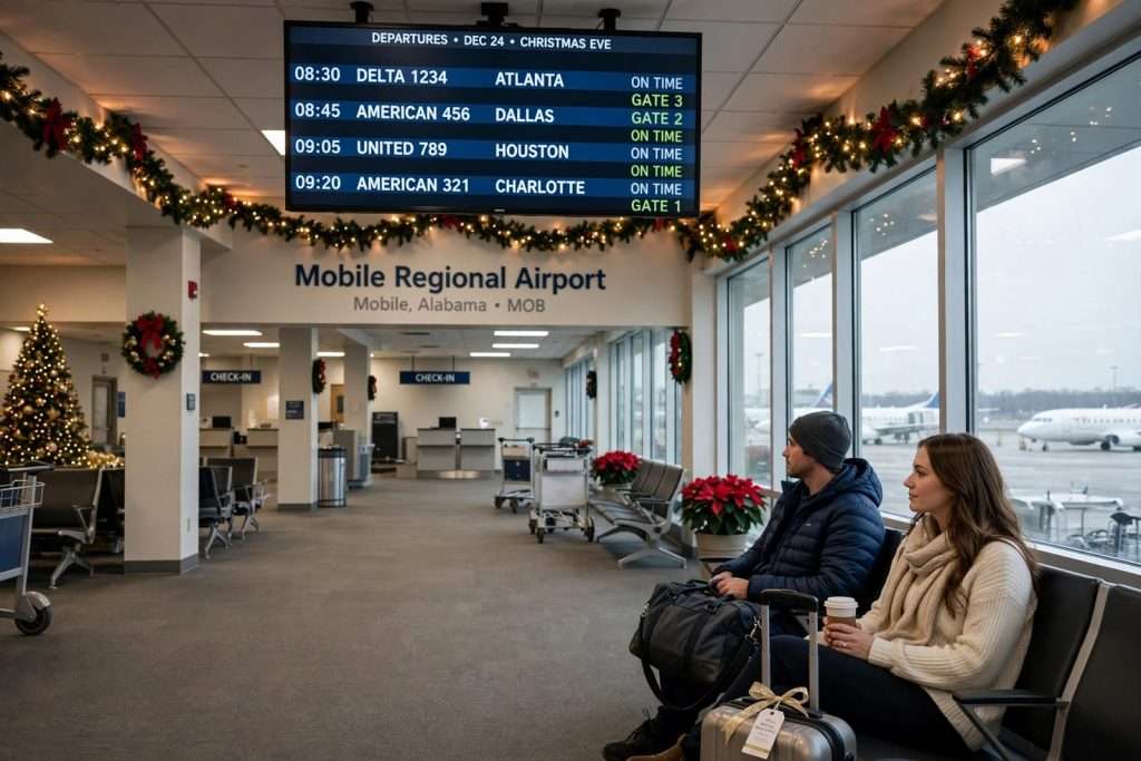 Illustration for the news story: Quiet Christmas Eve at Mobile Regional Airport as Holiday Travelers Make It Home