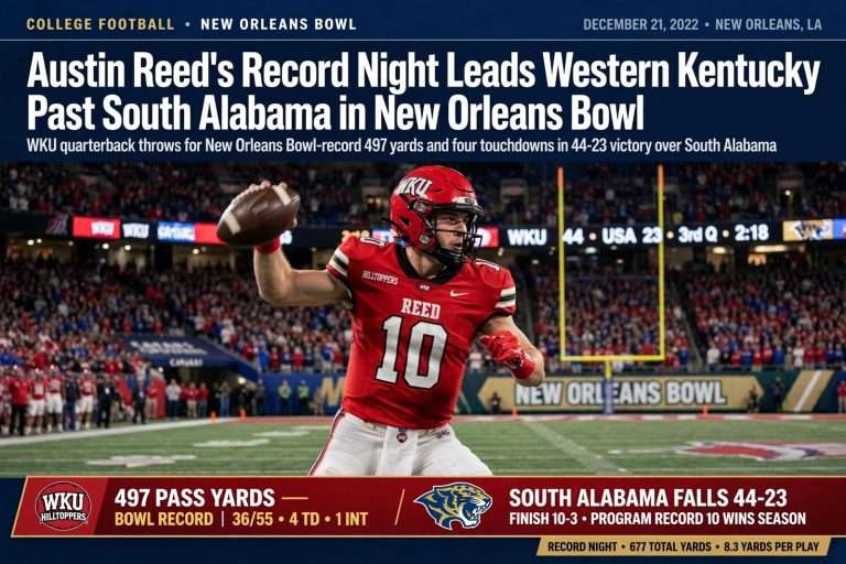 Illustration for the news story: Austin Reed’s Record Night Leads Western Kentucky Past South Alabama in New Orleans Bowl