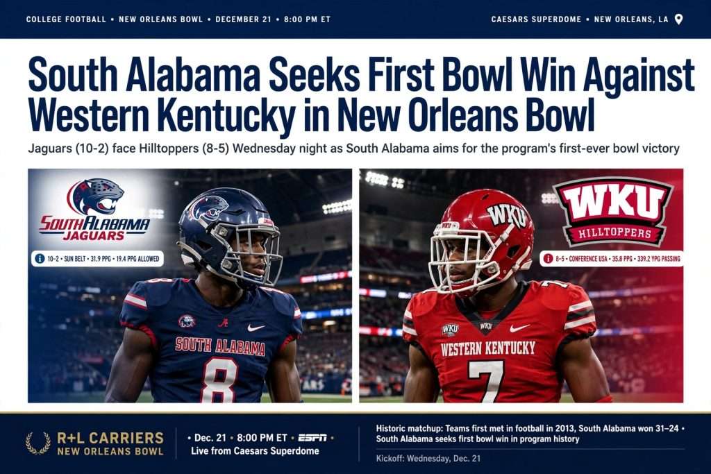 Illustration for the news story: South Alabama Seeks First Bowl Win Against Western Kentucky in New Orleans Bowl