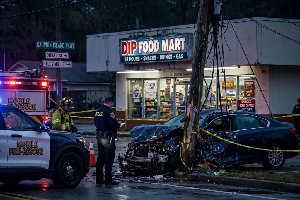 Illustration for the news story: Two Seriously Hurt After Vehicle Leaves Roadway, Strikes Pole Near DIP Food Mart