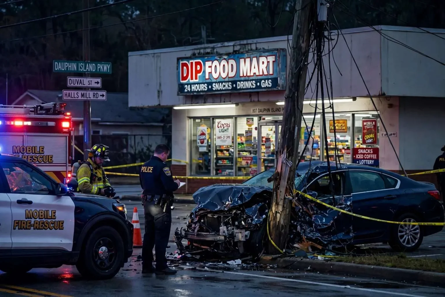 Illustration for the news story: Two Seriously Hurt After Vehicle Leaves Roadway, Strikes Pole Near DIP Food Mart