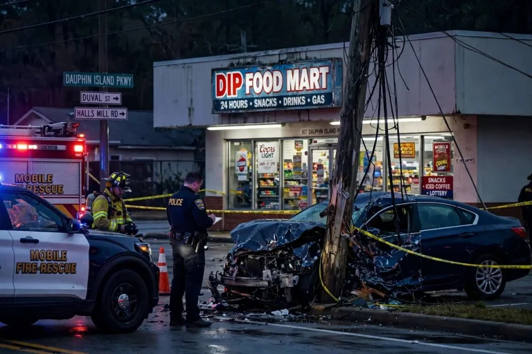 Illustration for the news story: Two Seriously Hurt After Vehicle Leaves Roadway, Strikes Pole Near DIP Food Mart
