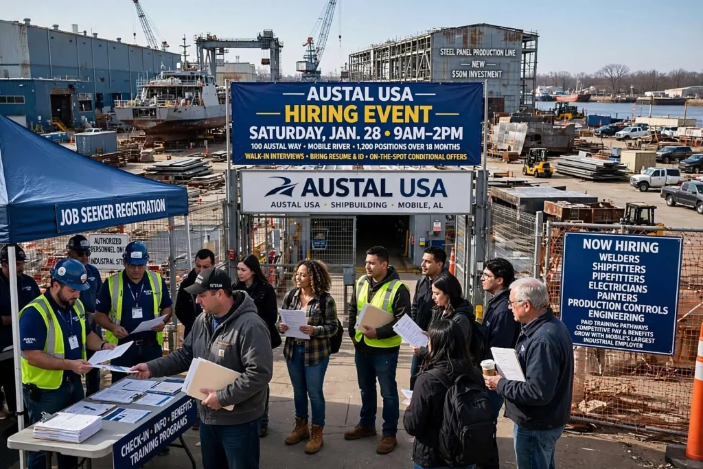 Illustration for the news story: Austal USA Opens Its Doors Saturday for Major Mobile Hiring Push