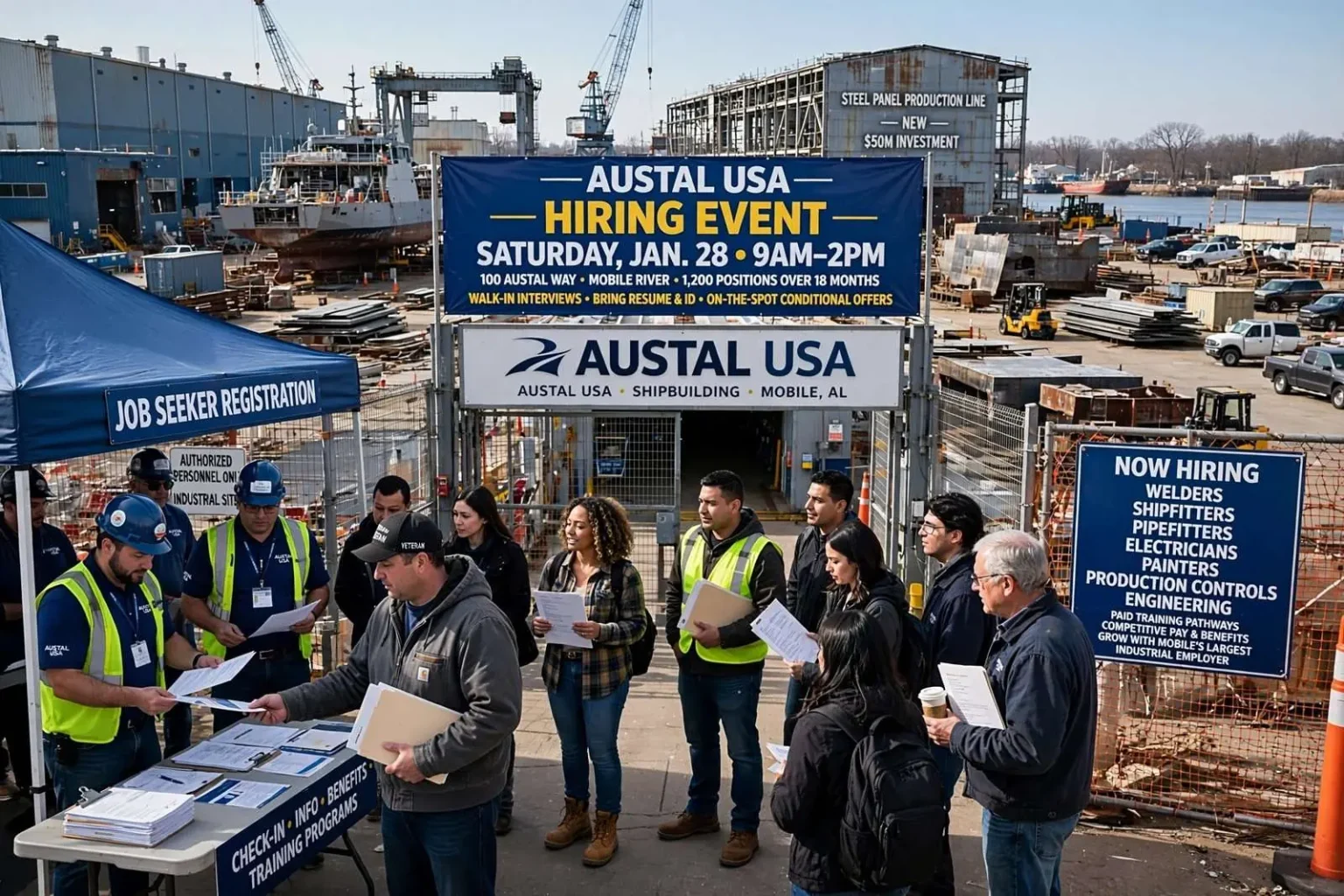 Illustration for the news story: Austal USA Opens Its Doors Saturday for Major Mobile Hiring Push