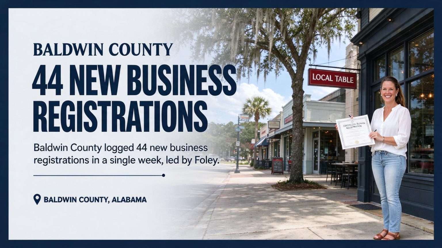 Illustration for the news story: Baldwin County Logged 44 New Business Registrations in a Single Week, Led by Foley