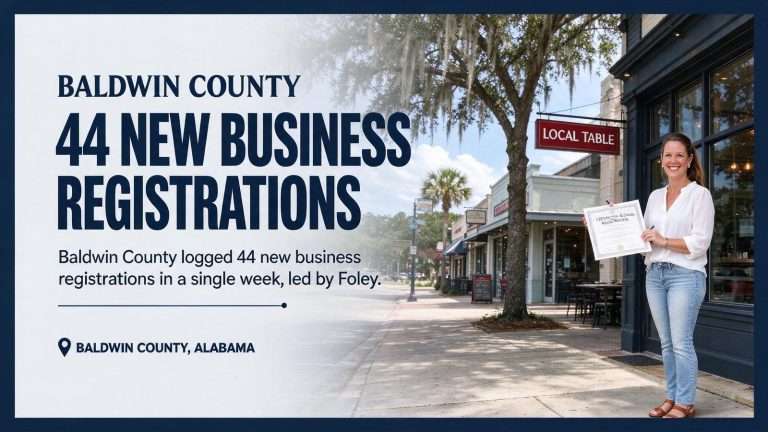 Illustration for the news story: Baldwin County Logged 44 New Business Registrations in a Single Week, Led by Foley