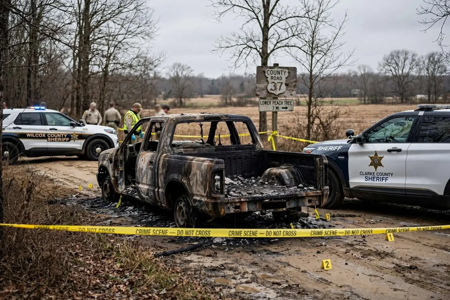 Illustration for the news story: Body Found in Burned Pickup Likely That of Missing Grove Hill Man, Clarke County Sheriff Says