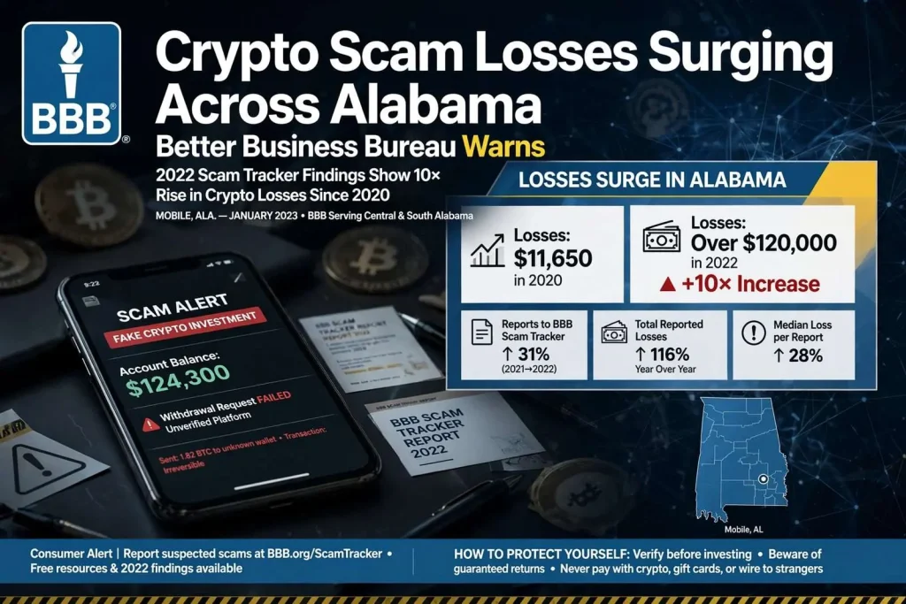 Illustration for the news story: Crypto Scam Losses Surging Across Alabama, Better Business Bureau Warns