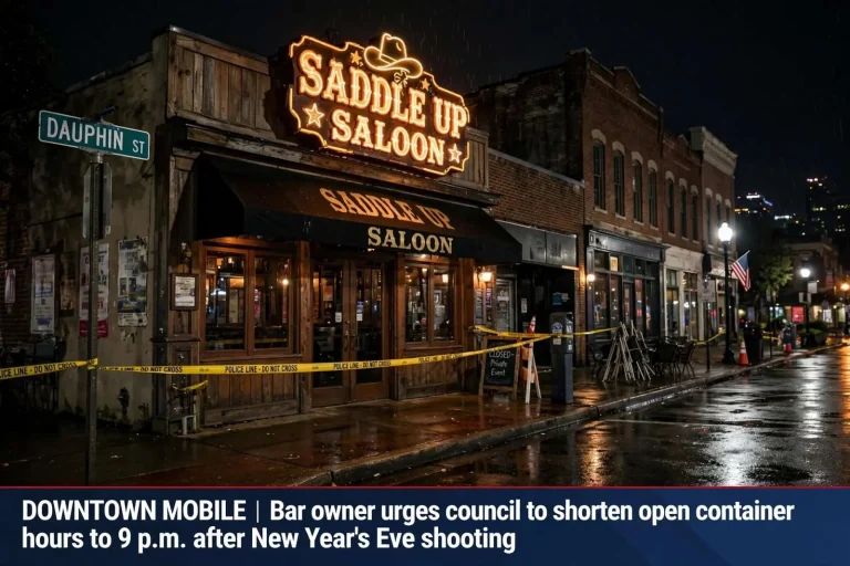 Illustration for the news story: Downtown Mobile Bar Owner Urges City to Shorten Open Container Hours After New Year’s Eve Shooting