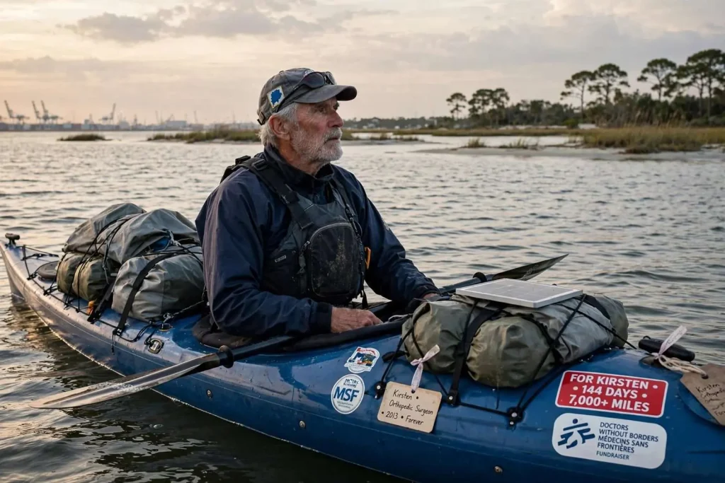 Illustration for the news story: Kayaker Completes 7,000-Mile Journey from Canada to the Gulf Coast, Honoring Late Wife