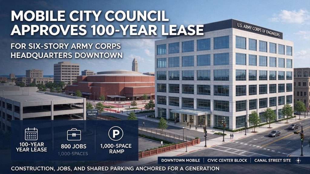 Illustration for the news story: Mobile City Council Approves 100-Year Lease for Six-Story Army Corps Headquarters Downtown