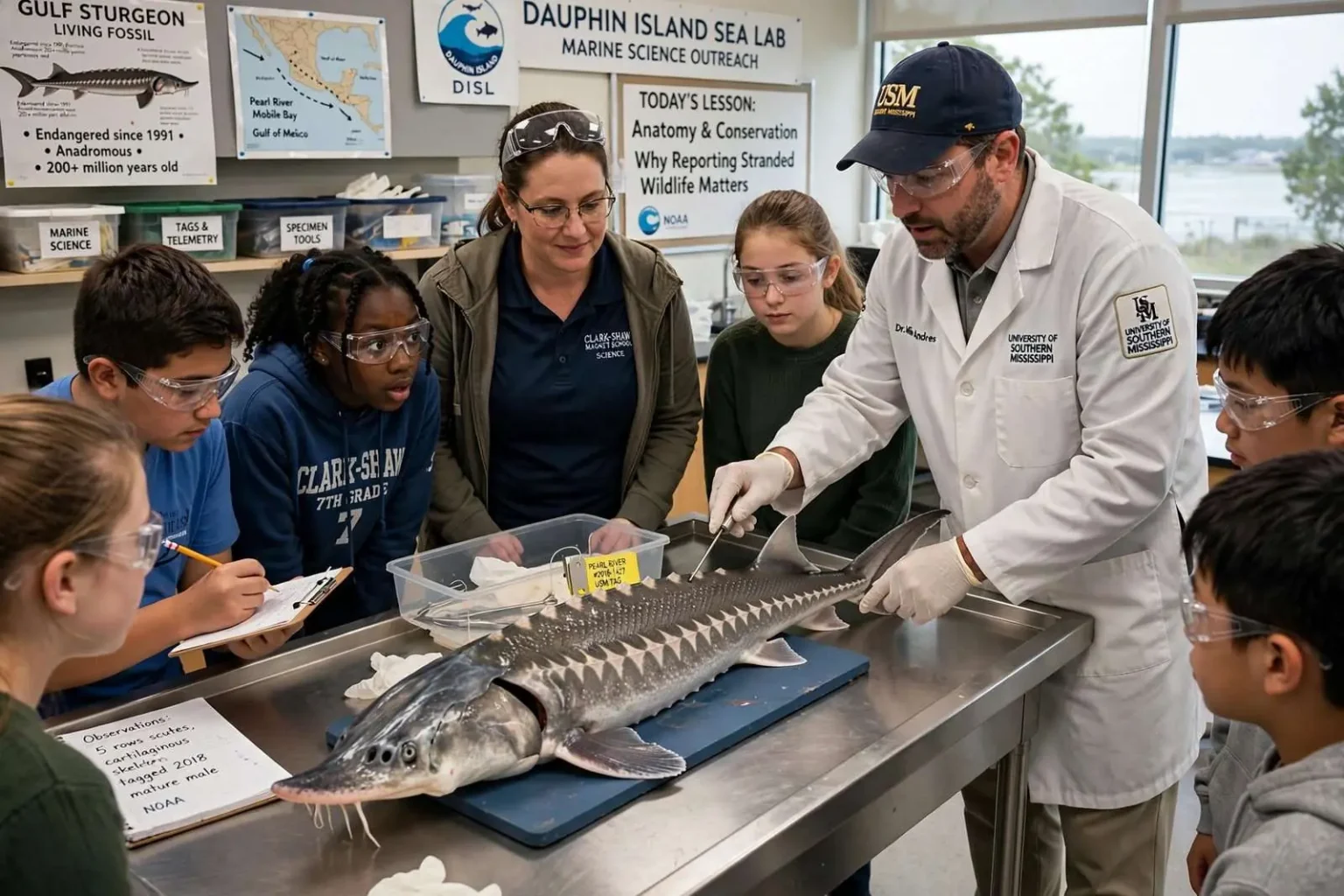 Illustration for the news story: Rare Gulf Sturgeon Found in Mobile Bay Becomes Hands-On Science Lesson for Clark-Shaw Students