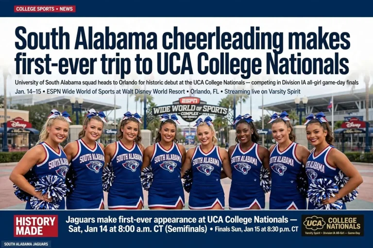 Illustration for the news story: South Alabama cheerleading makes first-ever trip to UCA College Nationals