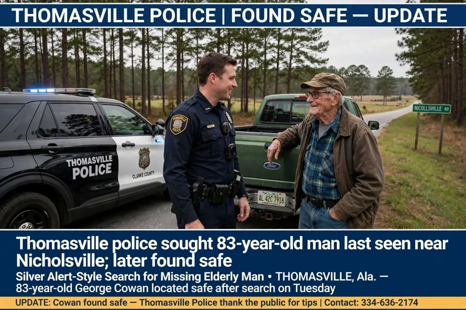 Illustration for the news story: Thomasville police sought 83-year-old man last seen near Nicholsville; later found safe