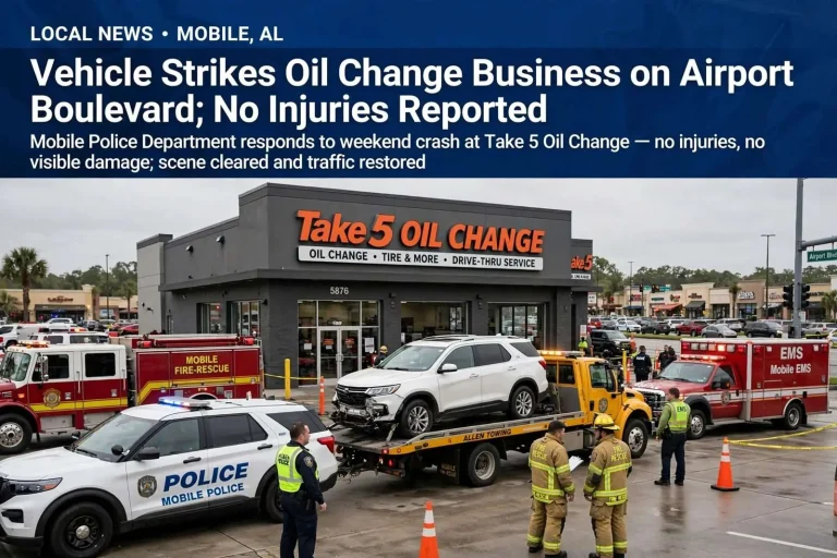 Illustration for the news story: Vehicle Strikes Oil Change Business on Airport Boulevard; No Injuries Reported