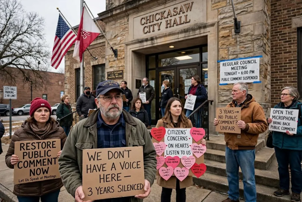 Illustration for the news story: Chickasaw Residents Protest Ban on Speaking at City Council Meetings