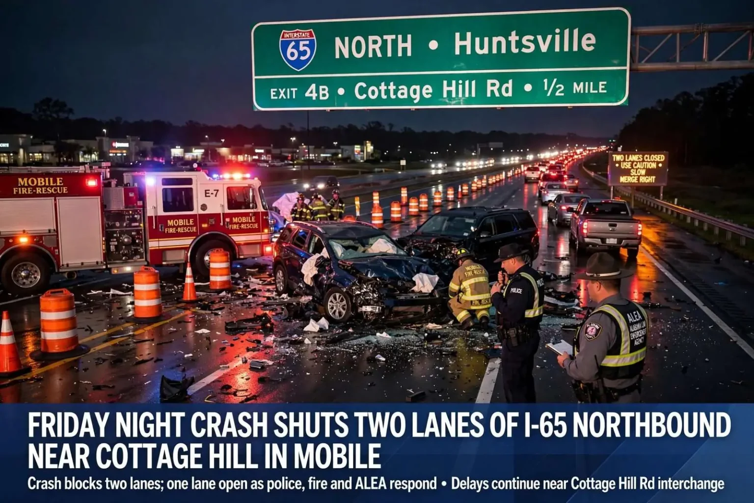 Illustration for the news story: Friday Night Crash Shut Two Lanes of I-65 Northbound Near Cottage Hill in Mobile