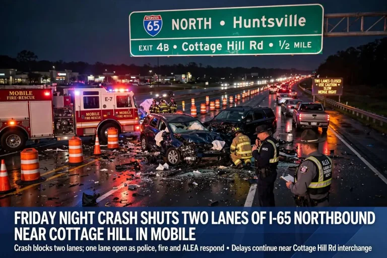 Illustration for the news story: Friday Night Crash Shut Two Lanes of I-65 Northbound Near Cottage Hill in Mobile