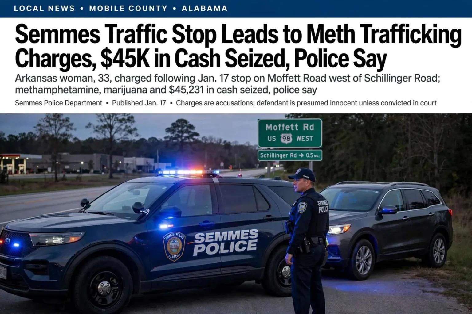 Illustration for the news story: Semmes traffic stop leads to meth trafficking charges, $45K in cash seized, police say
