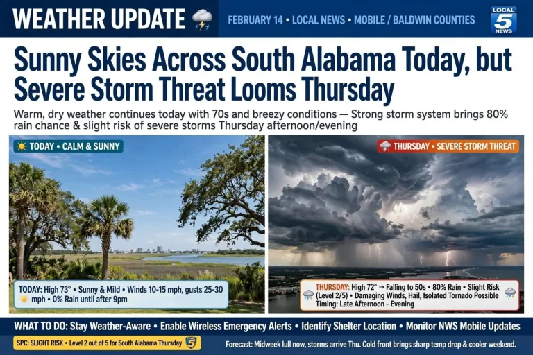 Illustration for the news story: Sunny Skies Across South Alabama Today, but Severe Storm Threat Looms Thursday
