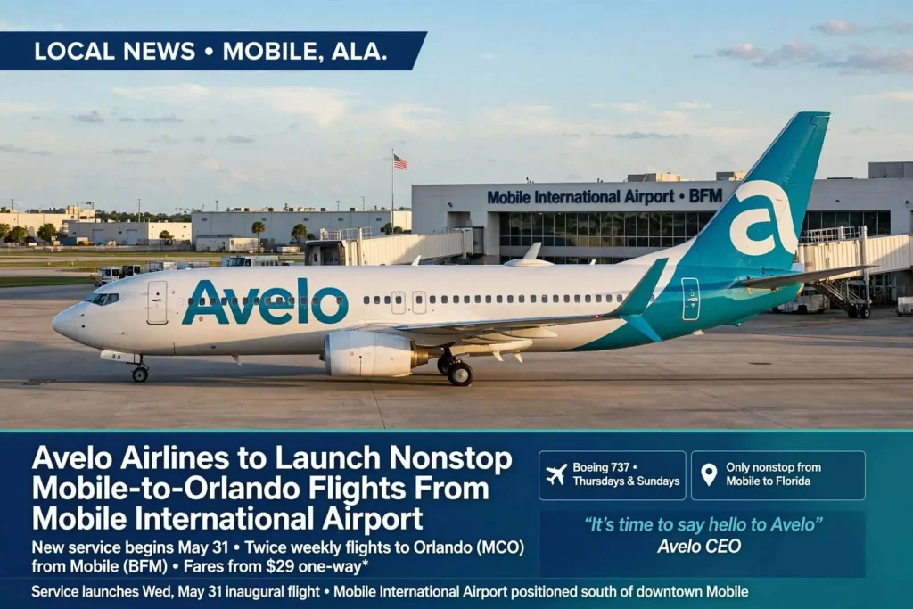 Illustration for the news story: Avelo Airlines to Launch Nonstop Mobile-to-Orlando Flights From Mobile International Airport