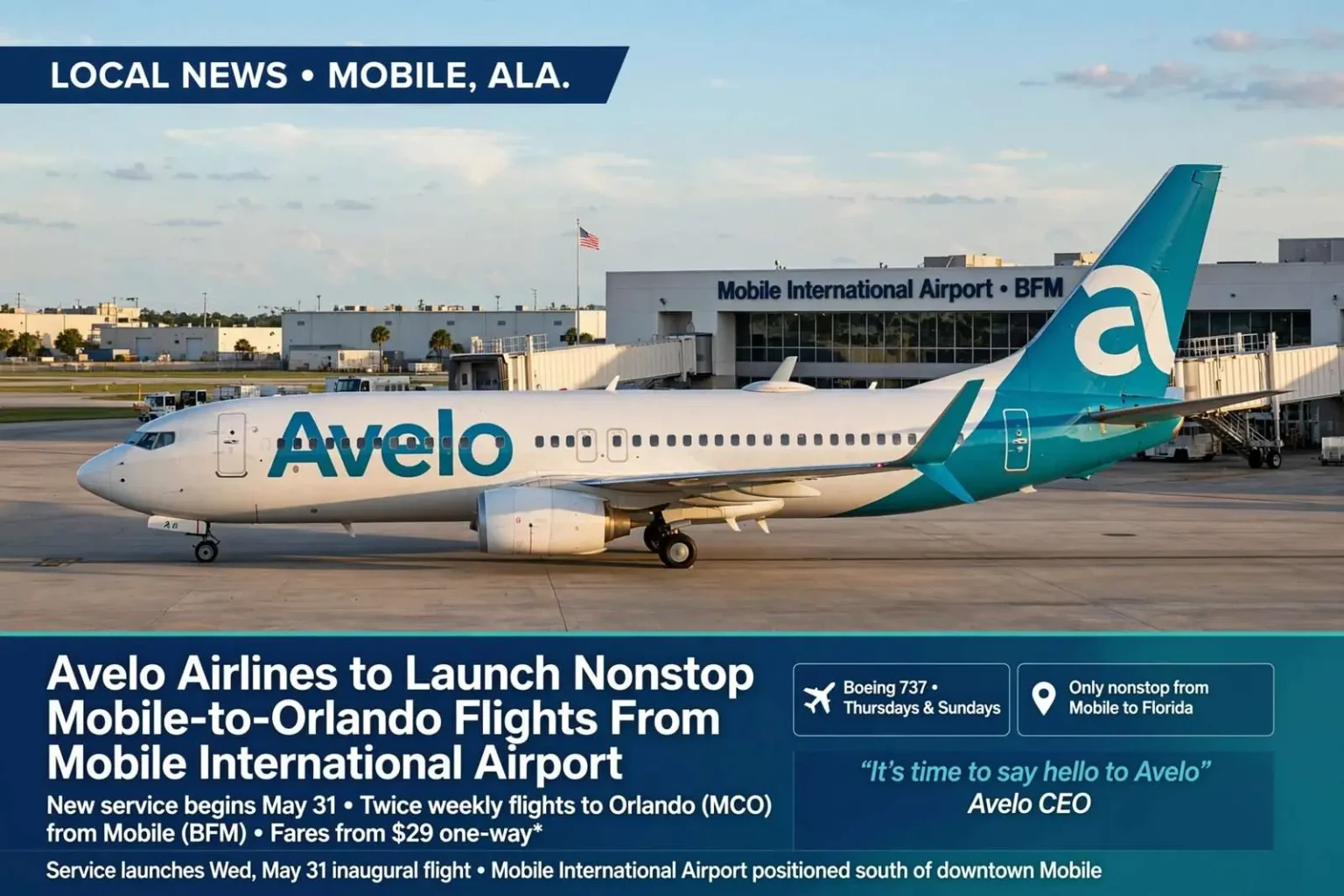 Illustration for the news story: Avelo Airlines to Launch Nonstop Mobile-to-Orlando Flights From Mobile International Airport