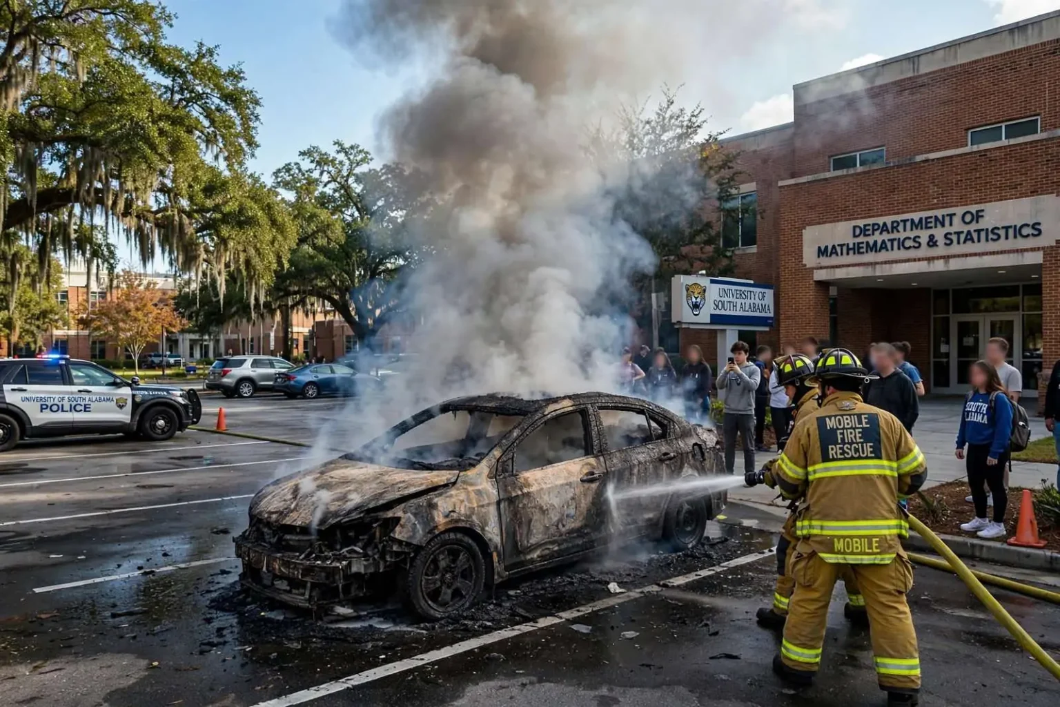 Illustration for the news story: Car Catches Fire in Parking Lot on University of South Alabama Campus