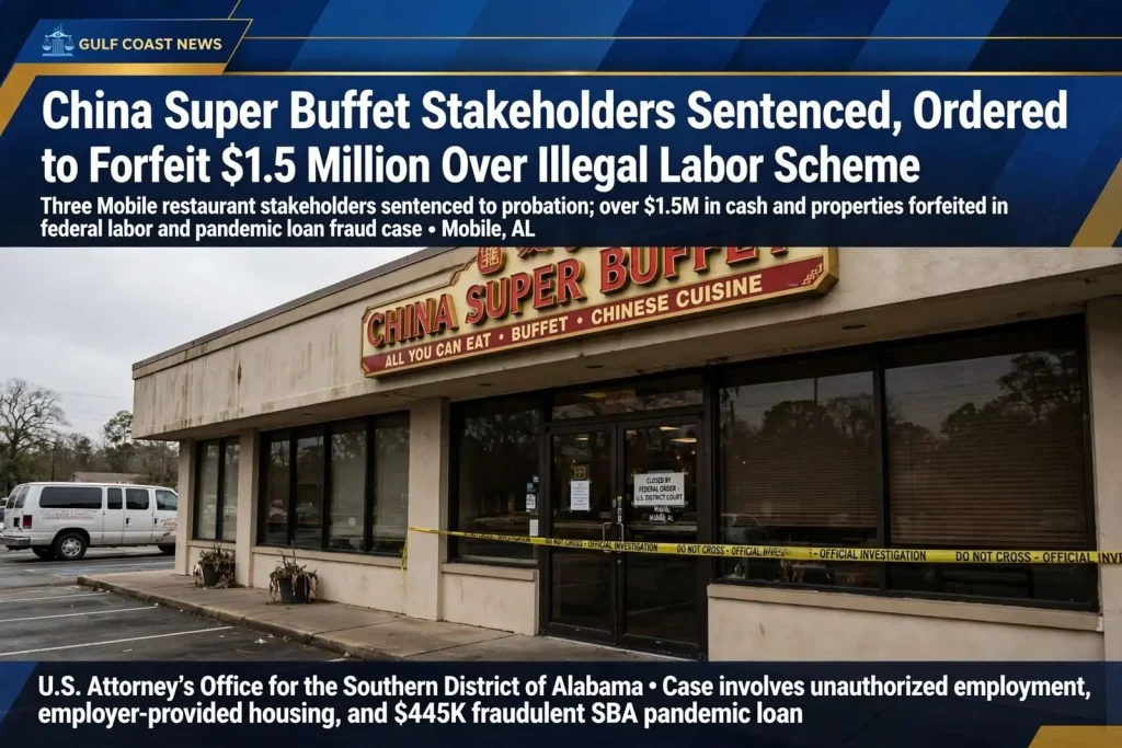 Illustration for the news story: China Super Buffet Stakeholders Sentenced, Ordered to Forfeit $1.5 Million Over Illegal Labor Scheme