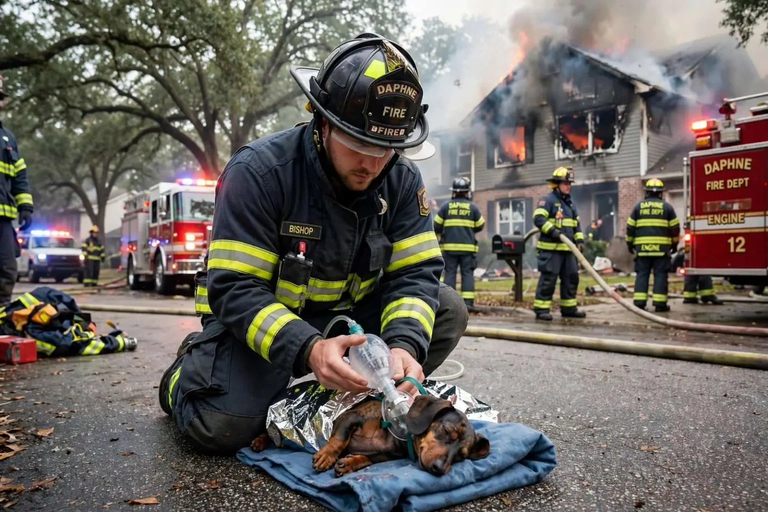 Illustration for the news story: Daphne Firefighters Rescue and Revive Dog From Lake Forest House Fire