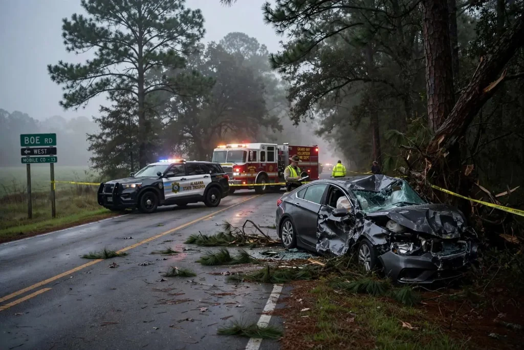 Illustration for the news story: Grand Bay Woman, 32, Killed in Single-Vehicle Crash on Boe Road