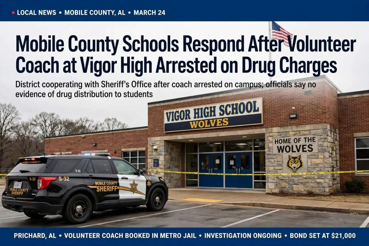 Illustration for the news story: Mobile County Schools Respond After Volunteer Coach at Vigor High Arrested on Drug Charges