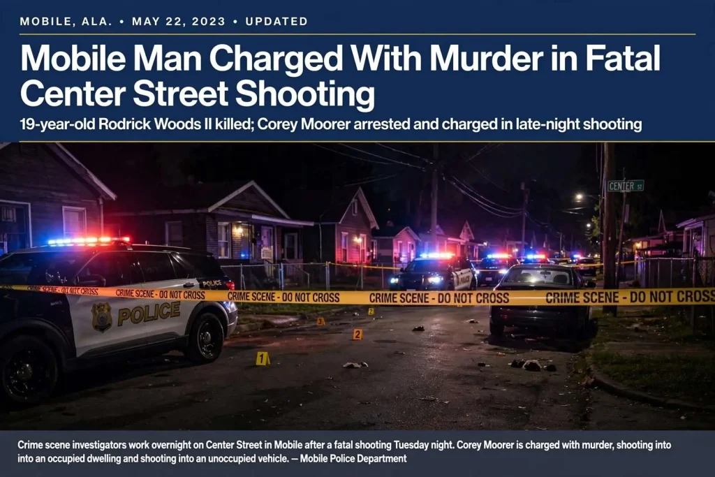 Illustration for the news story: Mobile Man Charged With Murder in Fatal Center Street Shooting