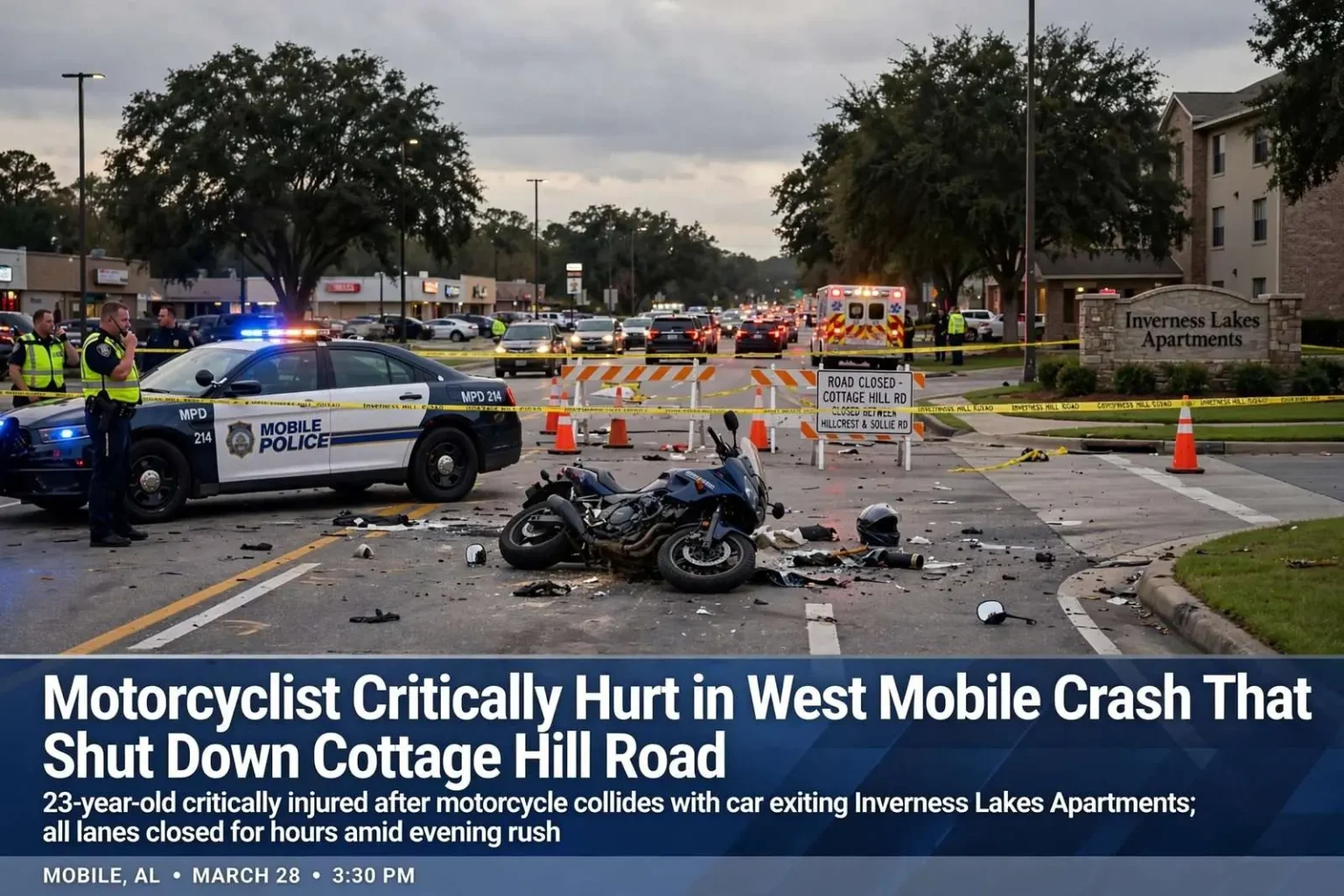 Illustration for the news story: Motorcyclist Critically Hurt in West Mobile Crash That Shut Down Cottage Hill Road