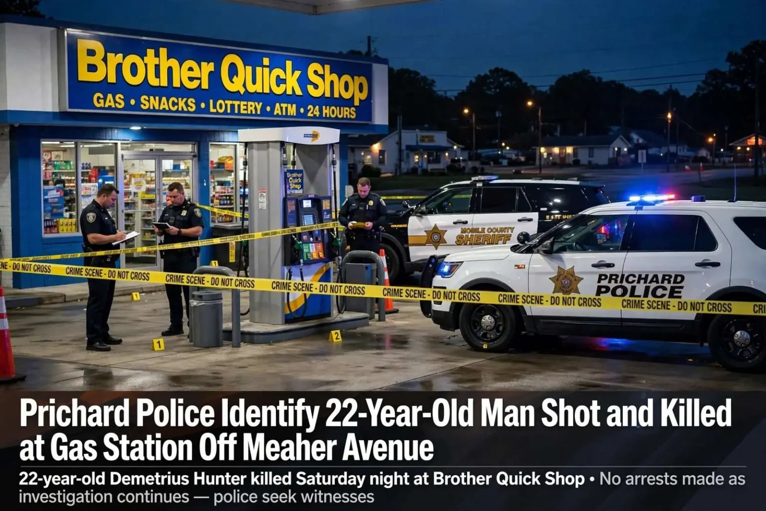 Illustration for the news story: Prichard Police Identify 22-Year-Old Man Shot and Killed at Gas Station Off Meaher Avenue