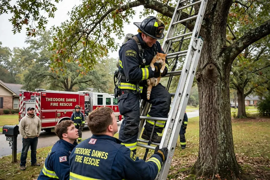 Illustration for the news story: Theodore Firefighters Come to the Rescue of a Cat Stuck High in a Tree