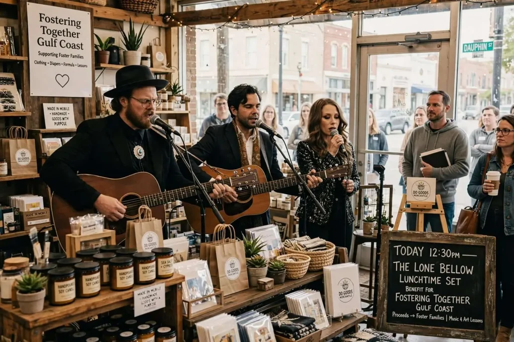 Illustration for the news story: Downtown Mobile Shop Hosts Lunchtime Lone Bellow Set to Benefit Gulf Coast Foster Families