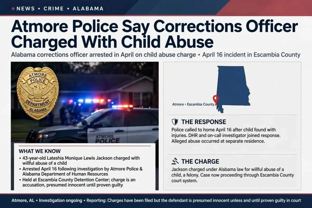 Illustration for the news story: Atmore Police Say Corrections Officer Charged With Child Abuse