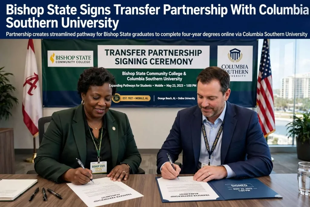 Illustration for the news story: Bishop State Signs Transfer Partnership With Orange Beach-Based Columbia Southern University