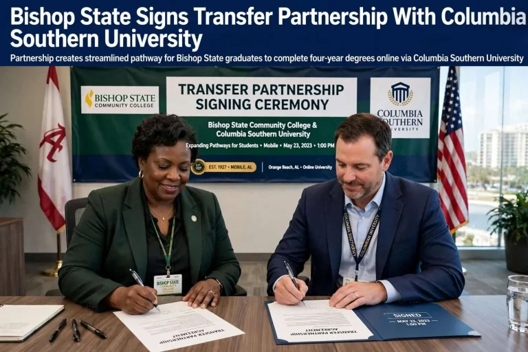 Illustration for the news story: Bishop State Signs Transfer Partnership With Orange Beach-Based Columbia Southern University
