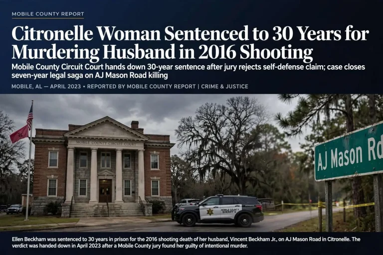 Illustration for the news story: Citronelle Woman Sentenced to 30 Years for Murdering Husband in 2016 Shooting