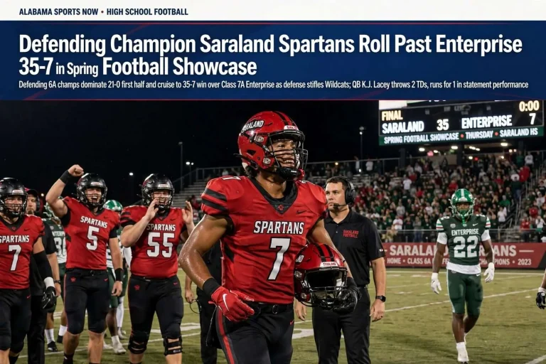Illustration for the news story: Defending Champion Saraland Spartans Roll Past Enterprise 35-7 in Spring Football Showcase