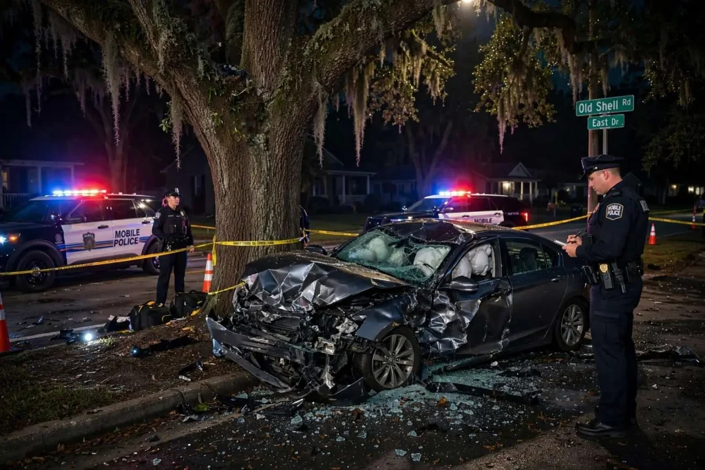 Illustration for the news story: DUI Crash on Old Shell Road Seriously Injures Passenger; Mobile Police Arrest Driver