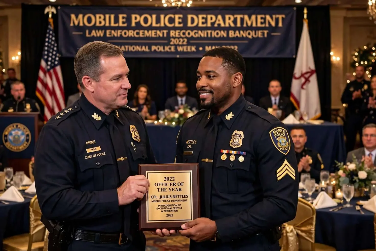 Illustration for the news story: Mobile Police Honor Cpl. Julius Nettles as 2022 Officer of the Year at Recognition Banquet