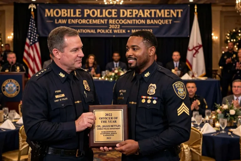 Illustration for the news story: Mobile Police Honor Cpl. Julius Nettles as 2022 Officer of the Year at Recognition Banquet