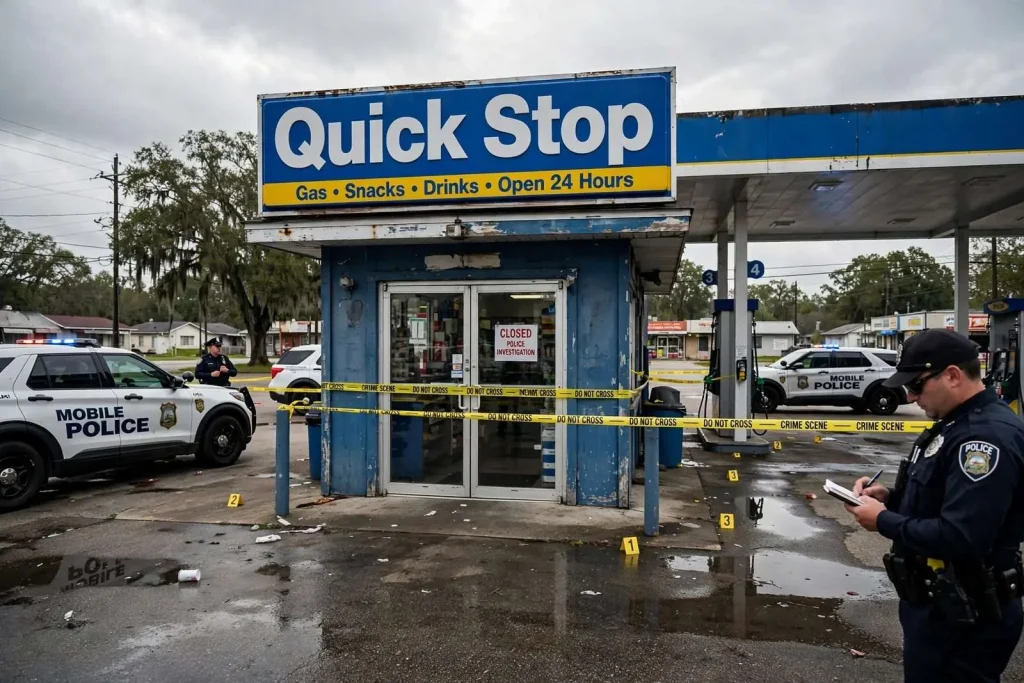 Illustration for the news story: Two Mobile Brothers Arrested in Armed Robbery Cases; One Charged With Attempted Murder in Fatal Gas Station Shooting