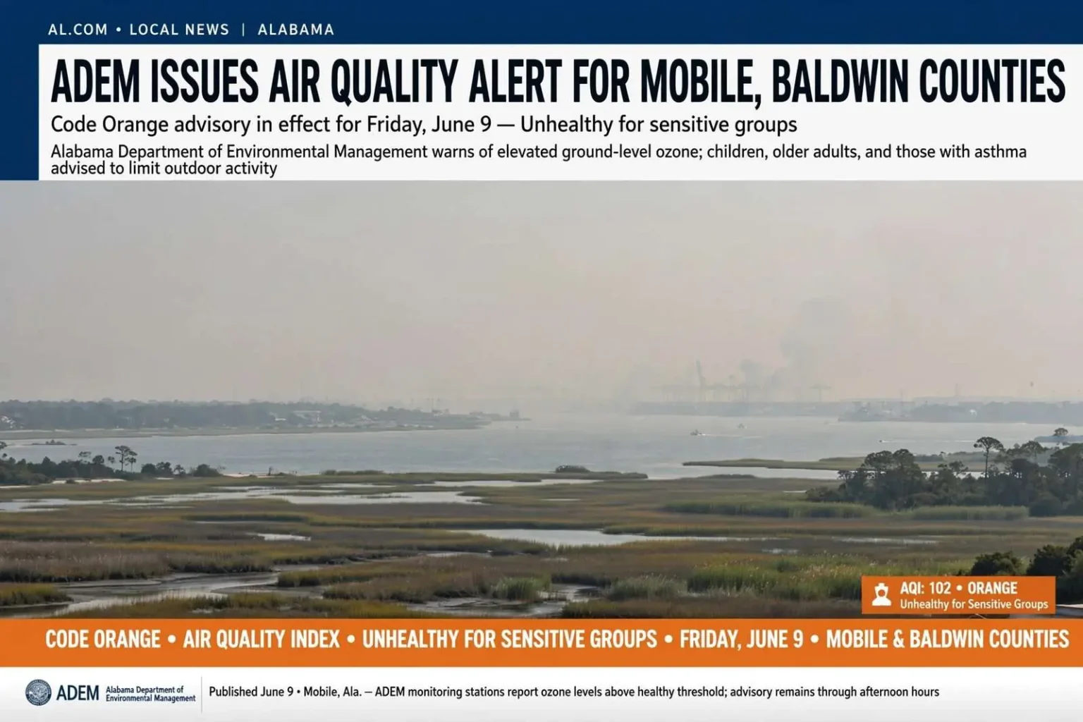 Illustration for the news story: ADEM issues air quality alert for Mobile, Baldwin Counties