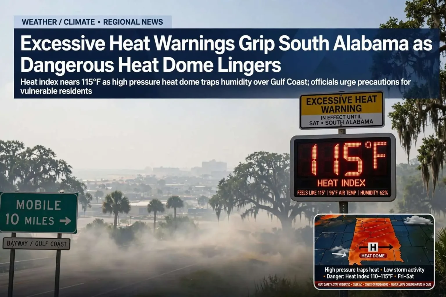 Illustration for the news story: Excessive Heat Warnings Grip South Alabama as Dangerous Heat Dome Lingers