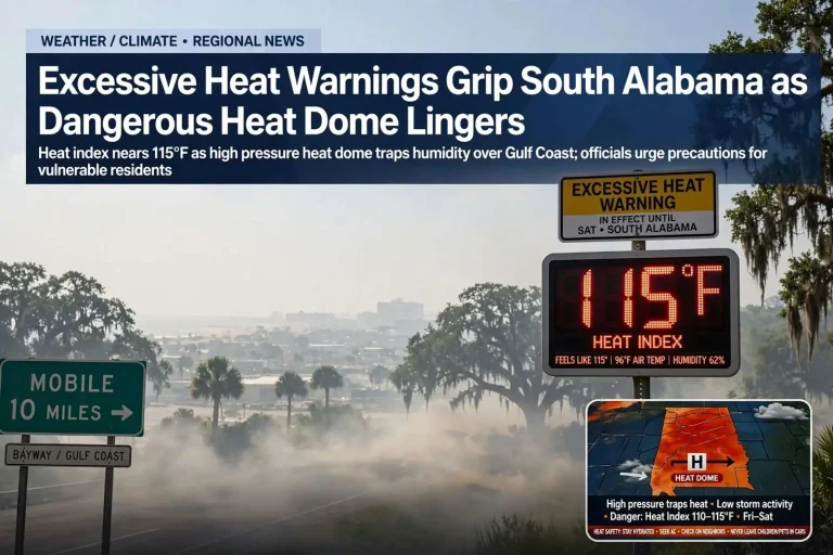 Illustration for the news story: Excessive Heat Warnings Grip South Alabama as Dangerous Heat Dome Lingers