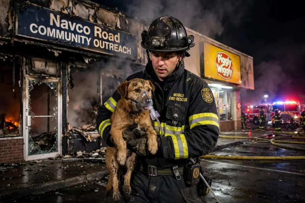 Illustration for the news story: Firefighters Rescue Dog From Fire at Navco Road Store in Mobile